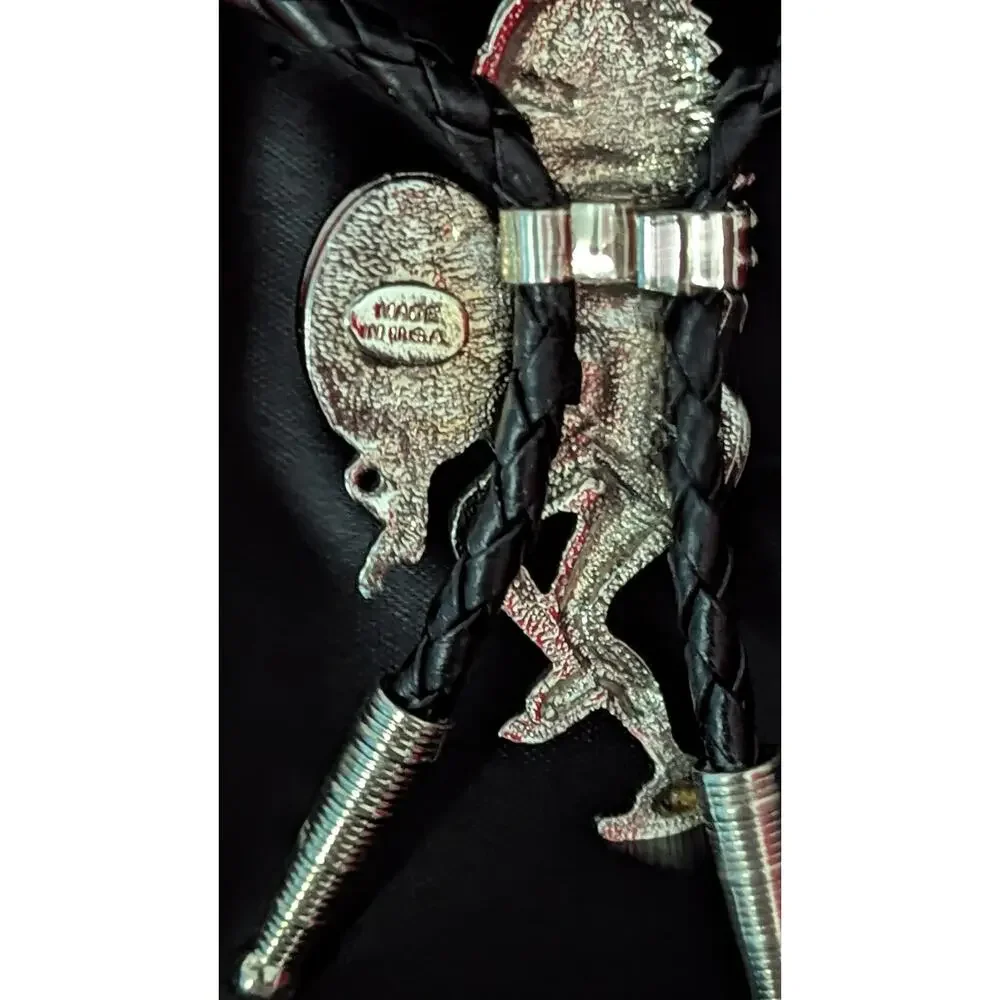 American Indian Warrior With Hatchet Bolo Tie Black Stone Made In USA Silver